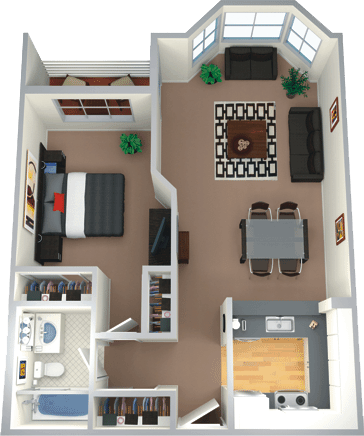 Floor plan for 1 bed, 1 bath, 654 sqft